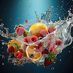 Fresh fruit splashing into clear water, Fresh fruits into clear water splash background Ai generated