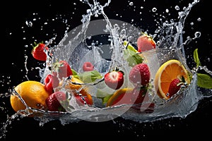 Fresh fruit splashing into clear water, Fresh fruits into clear water splash background Ai generated