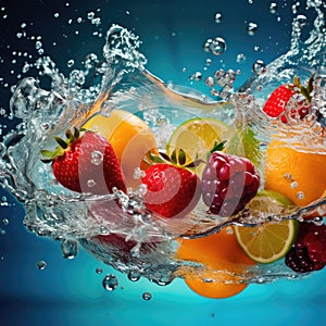 Fresh fruit splashing into clear water, Fresh fruits into clear water splash background Ai generated