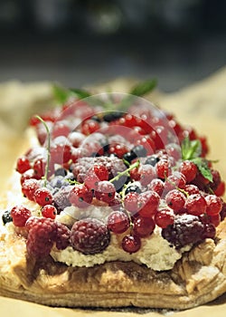 Fresh fruit tart with Raspberries, Redcurrants, Blackcurrants and cream