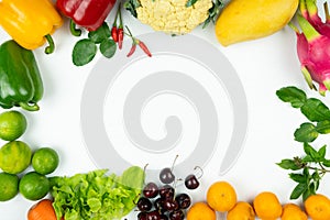 Fresh fruit and vegetable. Frame of fresh raw organic vegetables on white background