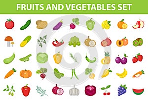 Fresh Fruit and Vegetable icon set, flat, cartoon-style. Berries and herbs on white background. Farm products