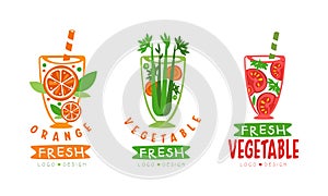 Fresh Fruit and Vegetable Juice in Glass with Straw Logo Design Vector Set
