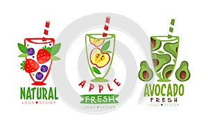 Fresh Fruit and Vegetable Juice in Glass with Straw Logo Design Vector Set