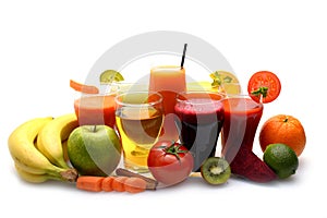 Fresh fruit and vegetable juices on white background