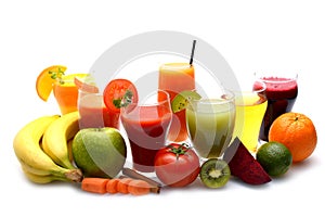 Fresh fruit and vegetable juices on white background