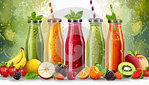 Fresh fruit and vegetable smoothies or juice in bottles with various ingredients around