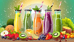 Fresh fruit and vegetable smoothies or juice in bottles with various ingredients around