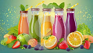 Fresh fruit and vegetable smoothies or juice in bottles with various ingredients around