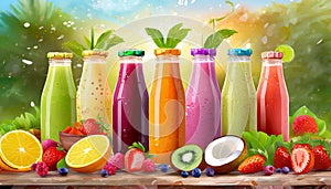 Fresh fruit and vegetable smoothies or juice in bottles with various ingredients around