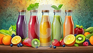 Fresh fruit and vegetable smoothies or juice in bottles with various ingredients around