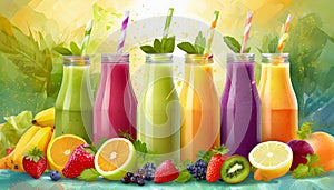 Fresh fruit and vegetable smoothies or juice in bottles with various ingredients around