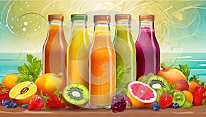 Fresh fruit and vegetable smoothies or juice in bottles with various ingredients around