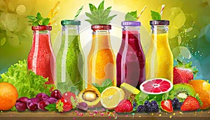 Fresh fruit and vegetable smoothies or juice in bottles with various ingredients around