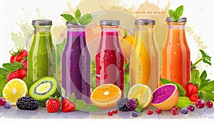 Fresh fruit and vegetable smoothies or juice in bottles with various ingredients around