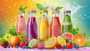 Fresh fruit and vegetable smoothies or juice in bottles with various ingredients around