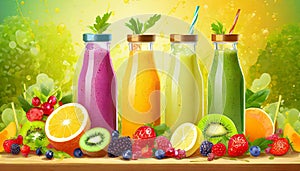 Fresh fruit and vegetable smoothies or juice in bottles with various ingredients around