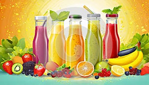 Fresh fruit and vegetable smoothies or juice in bottles with various ingredients around