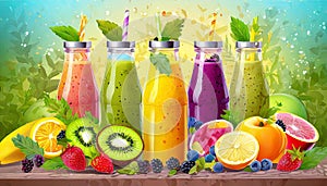 Fresh fruit and vegetable smoothies or juice in bottles with various ingredients around