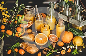 Fresh fruit vitamin immune boosting drink in bottles and ingredients