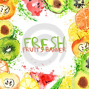 Fresh fruit watercolor banner. Watercolored apple, citruses, avocado and qiwi in one banner