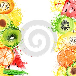 Fresh fruit watercolor banner. Watercolored apple, citruses, avocado and qiwi in one banner with splashes. Healthy