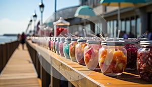 Fresh fruit on a wooden table, a summer refreshment generated by AI