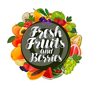 Fresh fruits and berries, banner. Natural food, greengrocery concept. Vector illustration