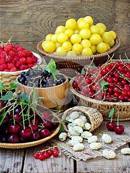 Fresh fruits and berries in the basket on wooden background