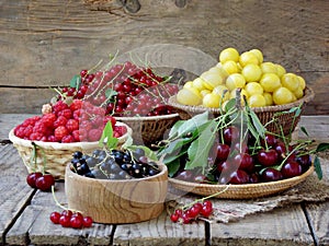 Fresh fruits and berries in the basket on wooden background