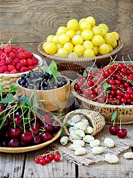 Fresh fruits and berries in the basket on wooden background