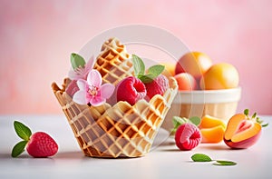 fresh fruits, berries and flowers in an ice-cream waffle cone isolated over the background