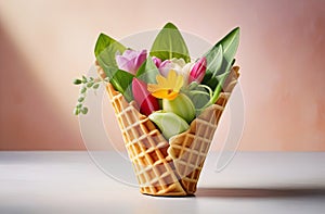 fresh fruits, berries and flowers in an ice-cream waffle cone isolated over the background