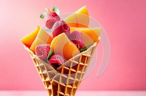 fresh fruits, berries and flowers in an ice-cream waffle cone isolated over the background