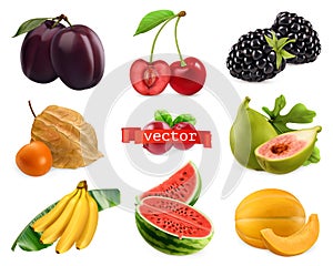 Fresh fruits and berries. Plum, cherry, blackberry, physalis, figs, banana, watermelon, melon. 3d realistic vector set photo