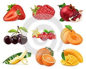 Fresh fruits and berries. Strawberry, raspberry, pomegranate, cherry, apricot, banana, orange, mango. 3d realistic vector set