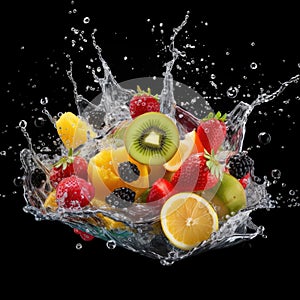 Fresh fruits and berries in water splash on black backround. Juicy fruit. Generative AI