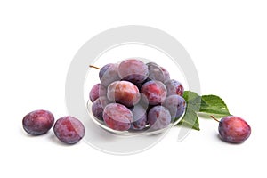 Fresh fruits. Blue plum fruit with leaves on a saucer on a white isolated background. Agricultural products