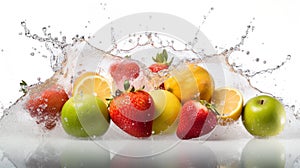 Fresh fruits into clear water splash background
