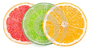 Fresh fruits cut in half grapefruit, lime, orange isolated on white background
