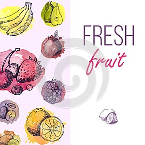 Fresh fruits drawing menu template. Hand drawn vintage vector frame. Summer fruit set of berries, banana, pears, orange