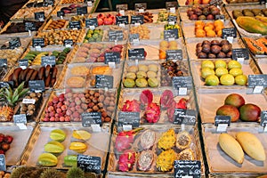 Fresh fruits at a Fruit stand in a local market in Austria