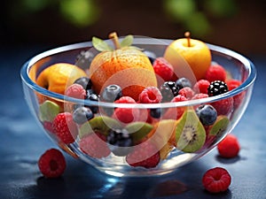 Fresh fruits in the glass bowl on the wooden plank with blur background high quality image