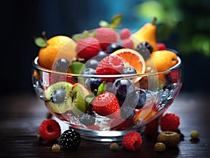 Fresh fruits in the glass bowl on the wooden plank with blur background high quality image