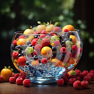 Fresh fruits in the glass bowl on the wooden plank with blur background high quality image