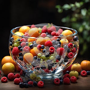 Fresh fruits in the glass bowl on the wooden plank with blur background high quality image
