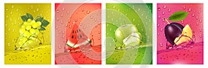 Fresh fruits juice splashing together- pear, apple juice drink splashing. 3d fresh fruits. Vector illustration