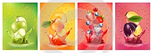 Fresh fruits juice splashing together- pear, apple, plum, apricot, strawberry, blackberry, raspberry juice drink splashing. 3d