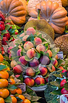 Fresh fruits, market stall, food background