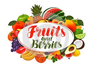 Fruits and berries, banner. Natural food, greengrocery concept. Vector illustration photo